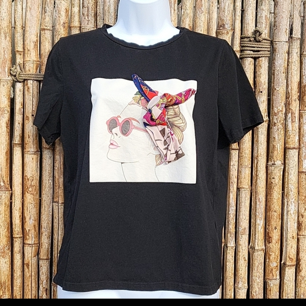 Shein ladies size Medium black shirt with lady with headband